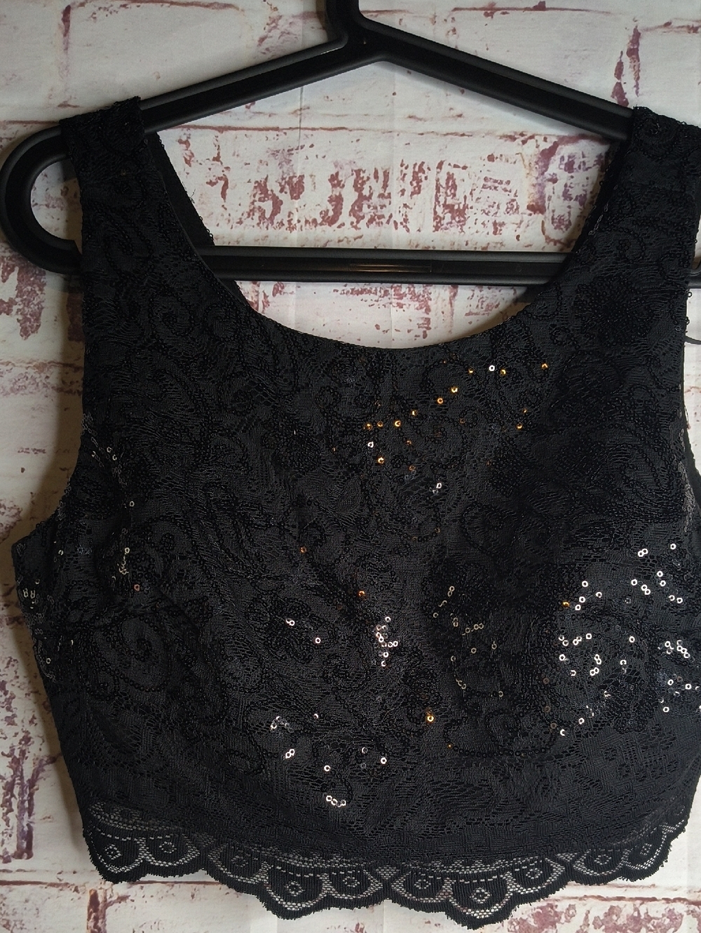 Black Lace Sequin Cropped Tank Top Woman's Small